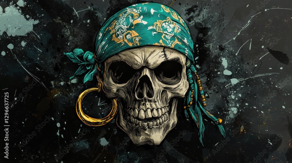 A detailed digital painting of a pirate skull with a blue bandana, golden earring, and paint splatter effect. A detailed digital painting of a pirate skull with a blue bandana, golden earring, and paint splatter effect.