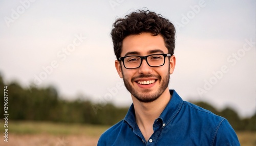 A portrait of a man with curly hair and glasses standing outside.