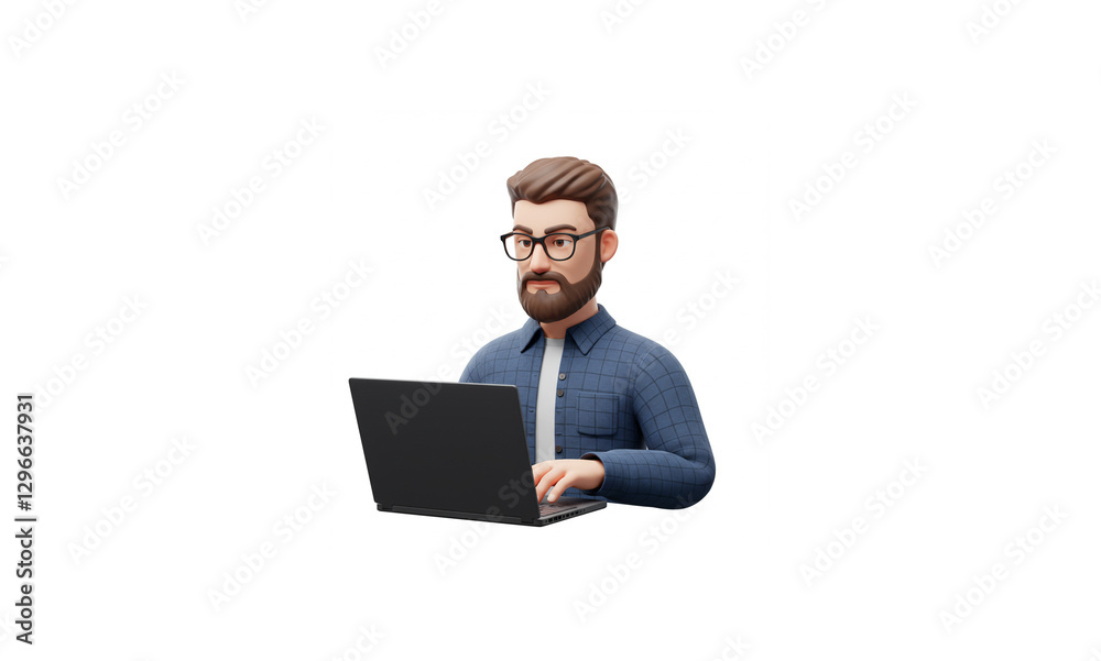 Highly Realistic 3D Render of a Bearded Developer Working on a Laptop Against a Pure White Background Highly Realistic 3D Render of a Bearded Developer Working on a Laptop Against a Pure White Background