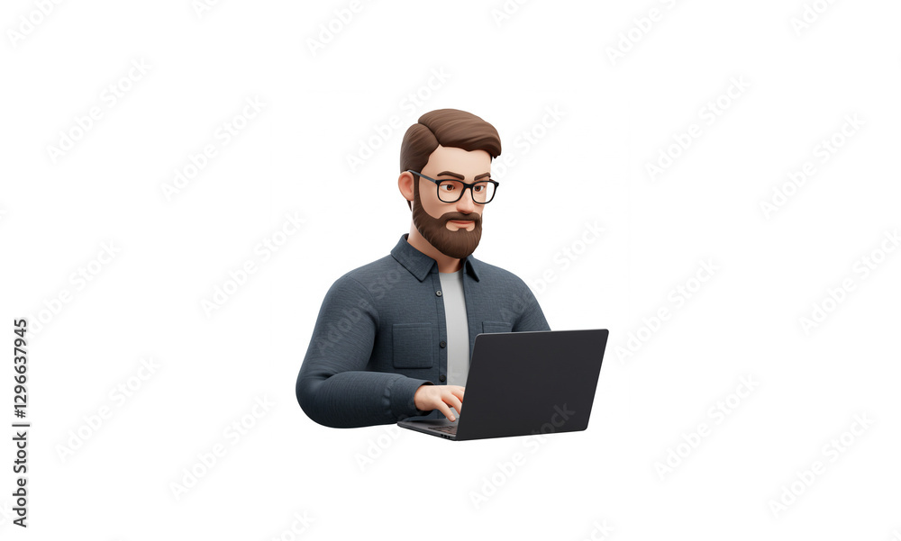 Highly Realistic 3D Render of a Bearded Developer Working on a Laptop Against a Pure White Background Highly Realistic 3D Render of a Bearded Developer Working on a Laptop Against a Pure White Background