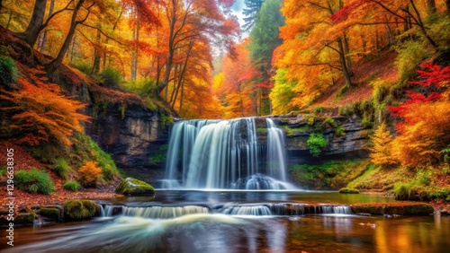 Serene Autumn Waterfall amidst Vibrant Trees and Leafy Canopy, outdoor, serene,  outdoor, serene, scenery, nature, woods