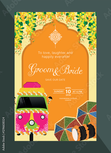 indian wedding card design specially designed for mehndi and haldi ceremony with wedding decorations