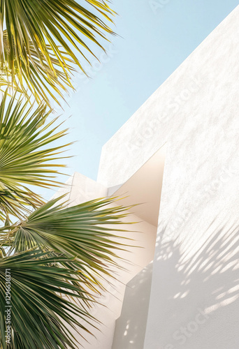 Aesthetic modern architecture. White stucco walls, palm tree leaves, sunlight, pastel colors
