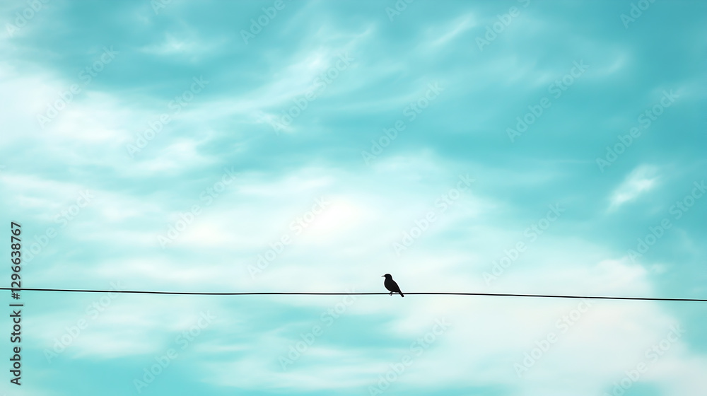 perched on a single wire against a vast, soft blue sky, highlighting simplicity perched on a single wire against a vast, soft blue sky, highlighting simplicity