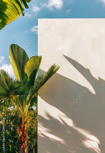 Close-up of modern architecture, white stucco walls, tropical plants, shadow play, blue sky