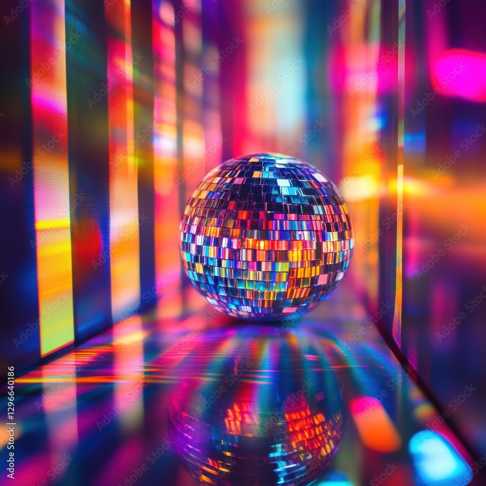 Fototapeta premium A prism-lit disco ball in a colorful abstract space, reflecting vibrant light and creating a surreal atmosphere.