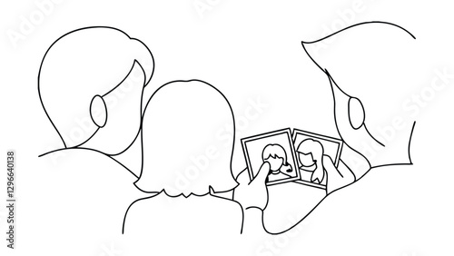 Family viewing photos on digital tablet together sharing memories