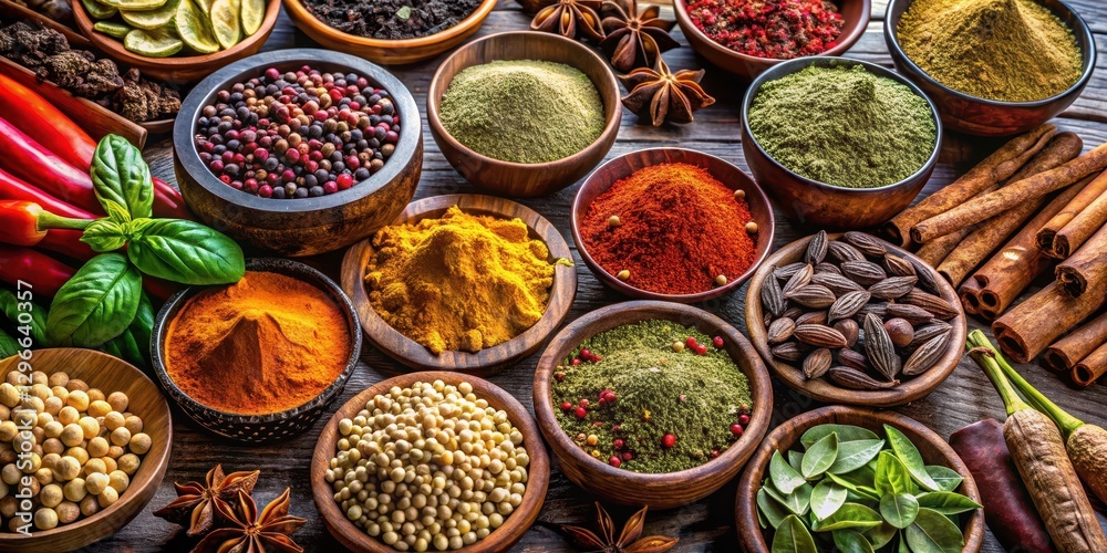 Colorful array of spices and herbs used in traditional Indian recipes , whole spices, cardamom Colorful array of spices and herbs used in traditional Indian recipes , whole spices, cardamom