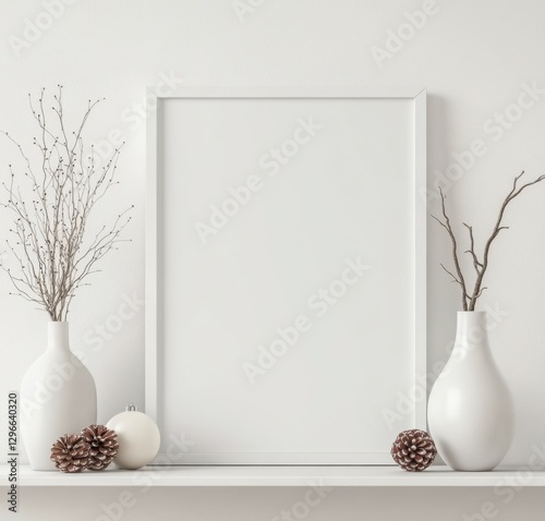 Minimalist Decor with White Vases and Empty Frame on Shelf