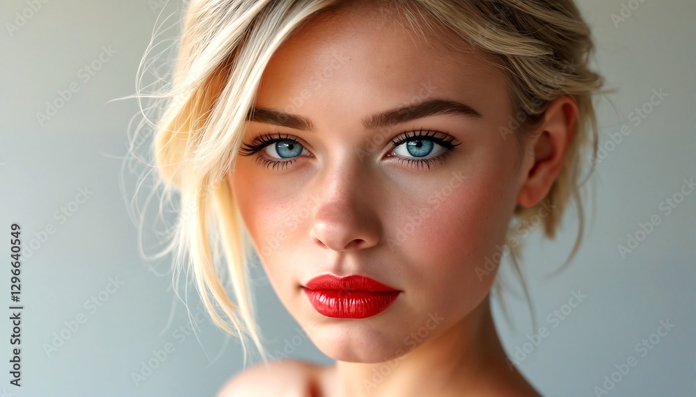 Fototapeta premium A close-up portrait of a young woman with blonde hair and blue eyes.