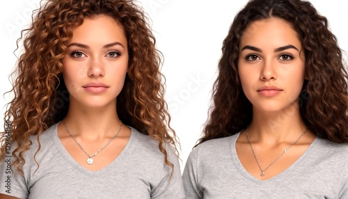 a young woman with curly brown hair wearing two different silver necklaces.
