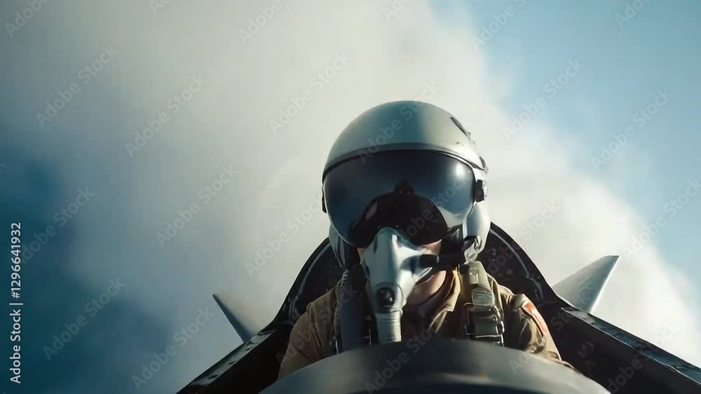 Pilot navigates high above the clouds in a military jet during a training exercise