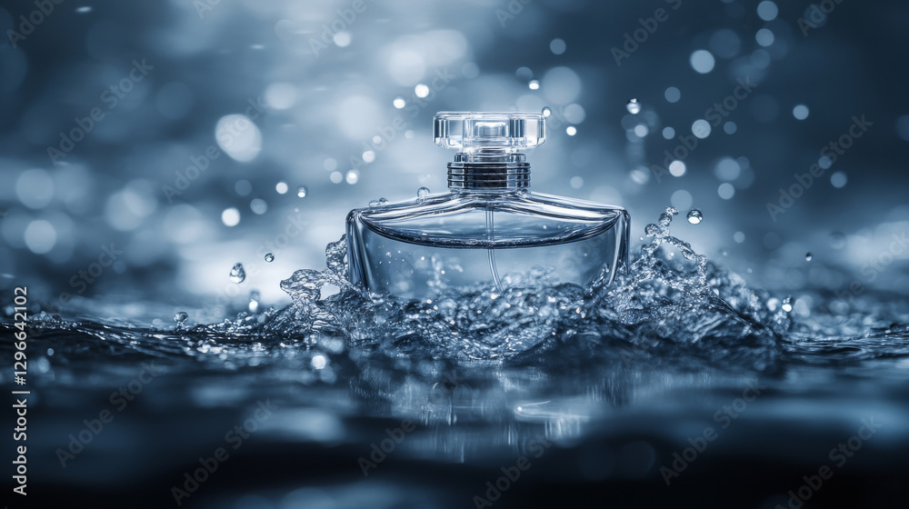 glass perfume bottle emerges from splashing water, creating refreshing and luxurious atmosphere. scene is illuminated with cool blue tone, enhancing elegance and allure of fragrance glass perfume bottle emerges from splashing water, creating refreshing and luxurious atmosphere. scene is illuminated with cool blue tone, enhancing elegance and allure of fragrance