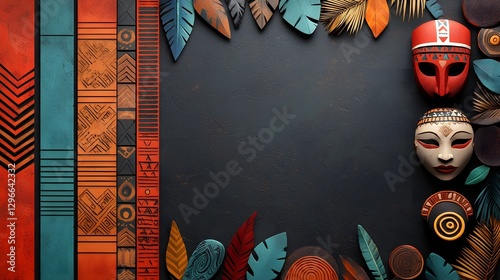 Vibrant Tribal African Patterns and Masks Layered on a Neutral Earthy Toned Backdrop with Contrasting Colors and Geometric Shapes  Abstract Ethnic Cultural Art and Design