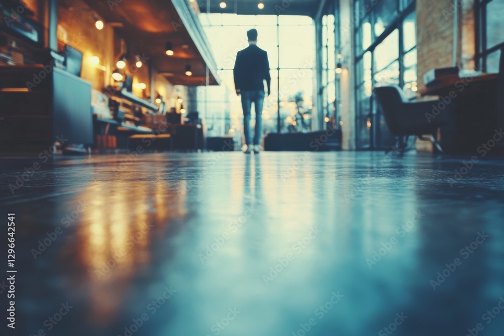 Fototapeta premium Silhouetted businessman walking in a modern glass office