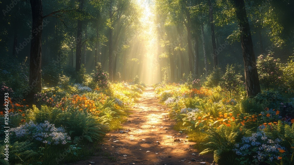 Fototapeta premium A forest path lined with ferns and wildflowers, sunlight filtering through the trees, hyper-realistic