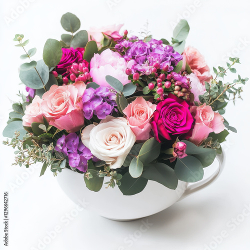 beautiful floral arrangement featuring pink, purple, and white roses, peonies, and greenery in white cup. vibrant colors evoke joy and freshness