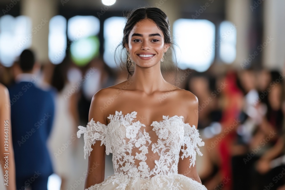 Fototapeta premium This radiant bride, adorned in an exquisite off-shoulder wedding gown, captures the beauty and joy of love, showcasing elegance at a fashion event.