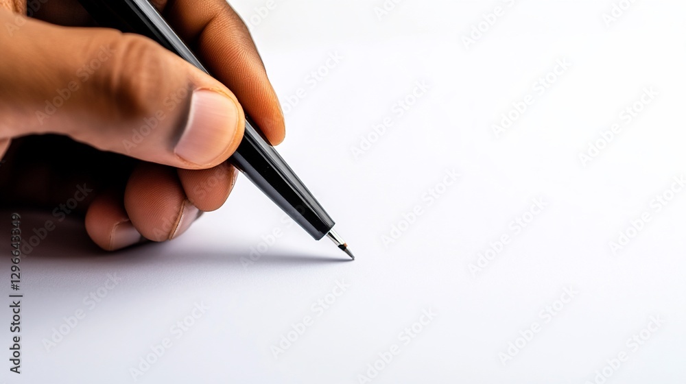Hand signing document, white background, close-up, contract Hand signing document, white background, close-up, contract