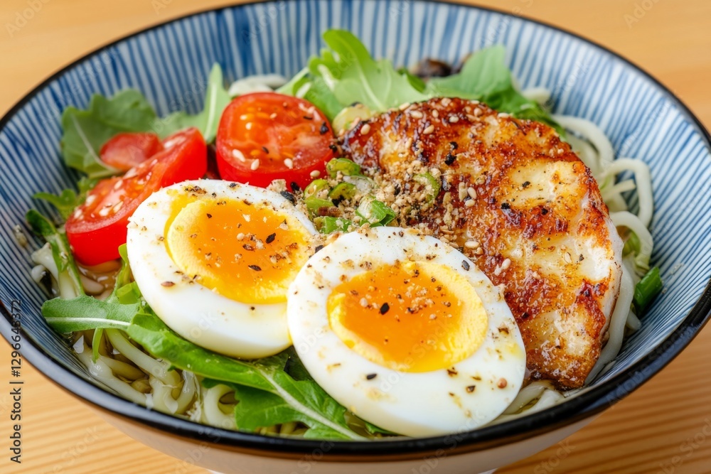 A ramen bowl with a perfectly marinated soft-boiled egg cut in half A ramen bowl with a perfectly marinated soft-boiled egg cut in half