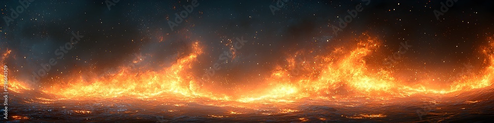 A fire is burning in the distance, with the flames reaching up into the sky