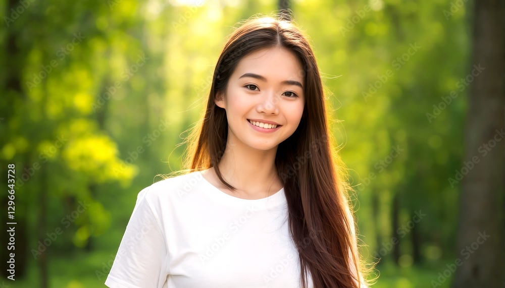 Portrait of two young Asian women with long hair standing side by side in a wooded area. Portrait of two young Asian women with long hair standing side by side in a wooded area.