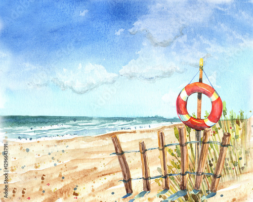 Red white  lifebuoy on the beach. Beach, road in the dunes. Blue sky, nice weather. Happy holiday.  Stock illustration. Hand painted in watercolor.