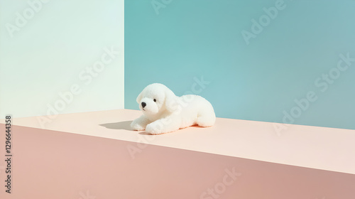 white dog toy resting on a smooth, pastel-colored surface 