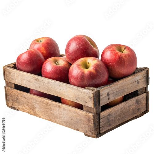 Red apples in an old wooden crate on transparent background