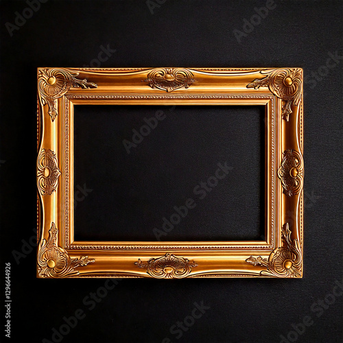 vintage gold frame on black wall background, golden frame mock up