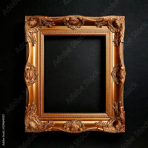 vintage gold frame on black wall background, golden frame mock up