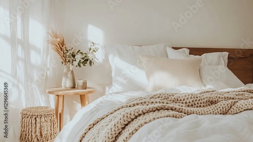 Minimalist Scandinavian bedroom with soft white and pale oak tones, featuring crisp linen bedding, cozy knit throw, and simple wooden bedside table, bathed in natural light.