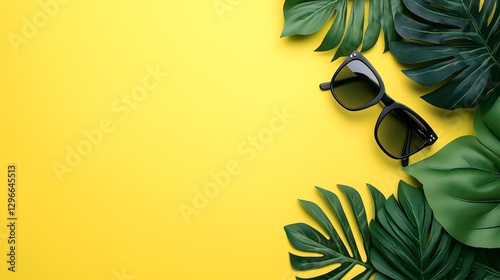 Sunglasses and tropical leaves on a yellow-green background with copy space for text. Summer vacation concept banner template.