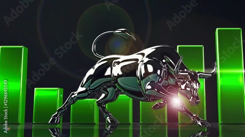  Shiny Metallic Bull Charging in Front of Green Rising Stock Market Graph.