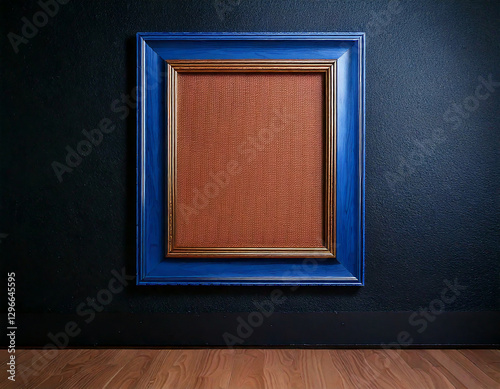 blue wooden frame on blue wall background, Antique picture frame, vintage blue wooden frame mockup, brown picture frame 