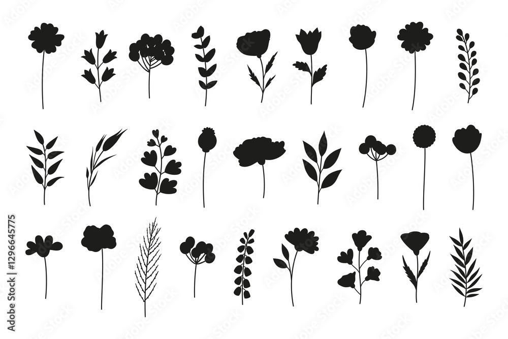 Naklejka premium Wildflowers set, flowers black shapes silhouettes. Meadow herbs and various botanical wild plants for design projects. Vector illustration