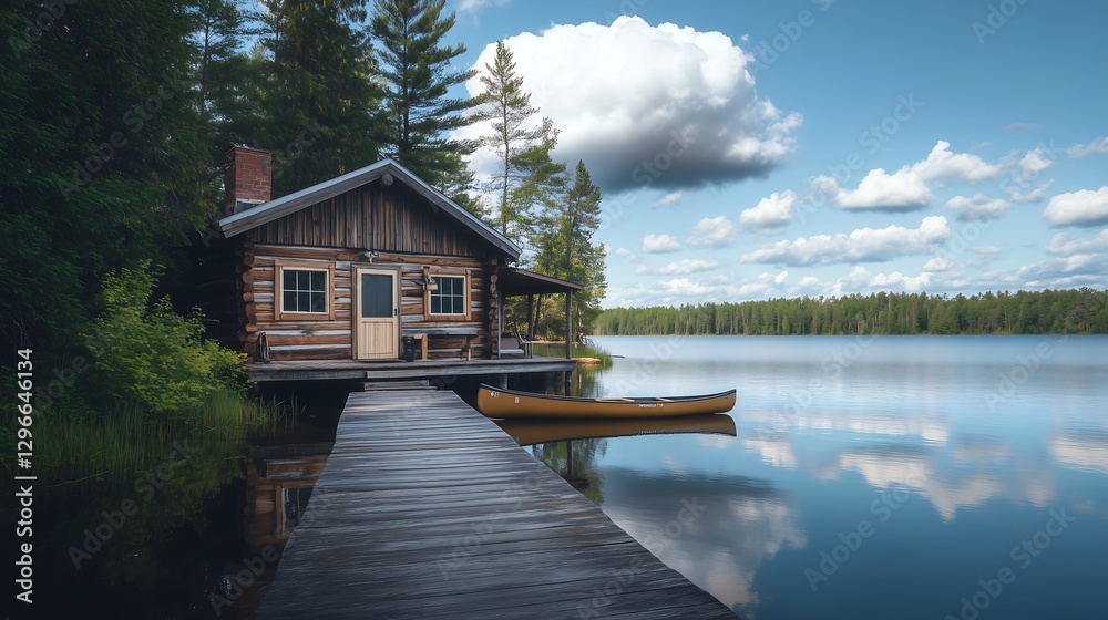 A cozy lakeside cabin with a wooden dock extending into calm water, with a canoe tied to it. A cozy lakeside cabin with a wooden dock extending into calm water, with a canoe tied to it.