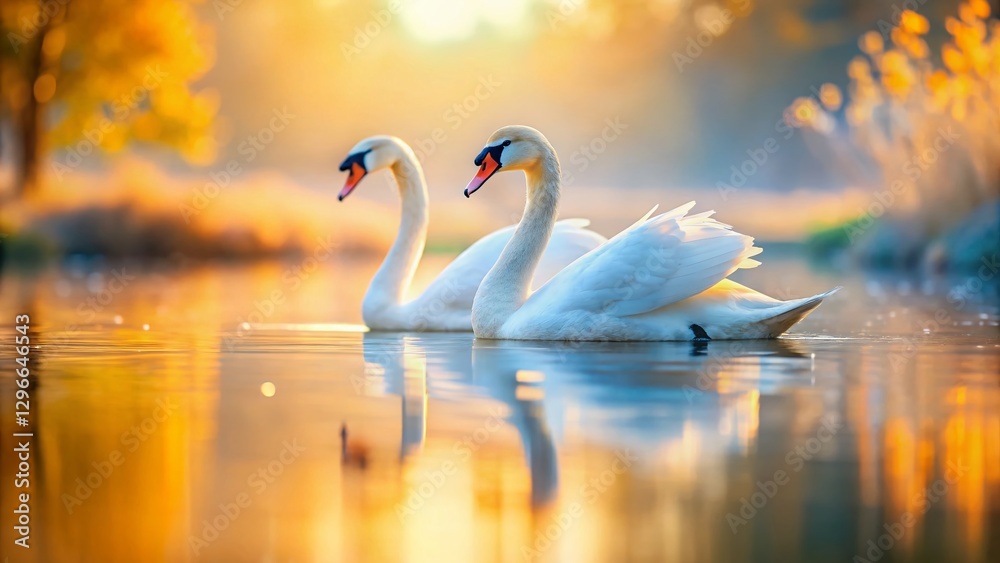 Fototapeta premium Miniature White Swans Graceful Floating on Serene Lake Water - Tilt-Shift Photography