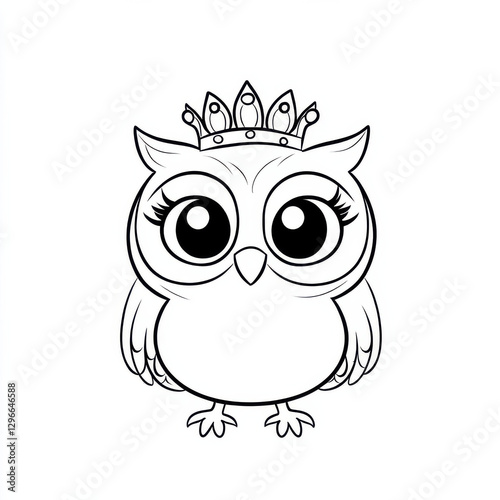Cute baby owl wearing crown, cartoon style, with big eyes and wings. Perfect for coloring!