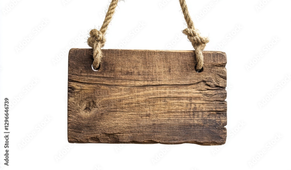 Rustic wooden sign hanging with twine on a white background Rustic wooden sign hanging with twine on a white background