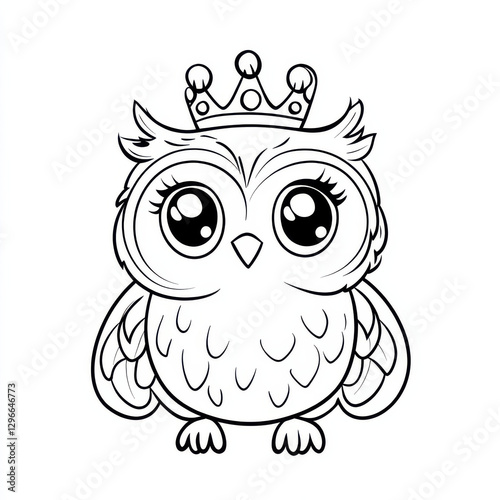 Cute baby owl wearing crown, cartoon style, with big eyes and fluffy feathers. Perfect for children illustrations