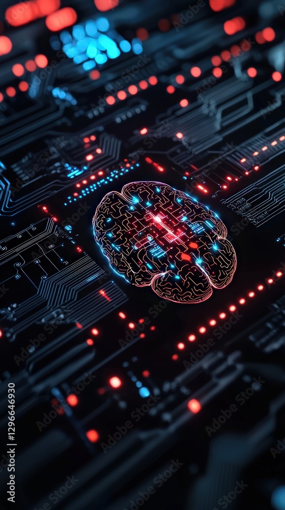 Fototapeta premium Abstract Brain Visualization on Circuit Board with Glowing Lights and Data Connections