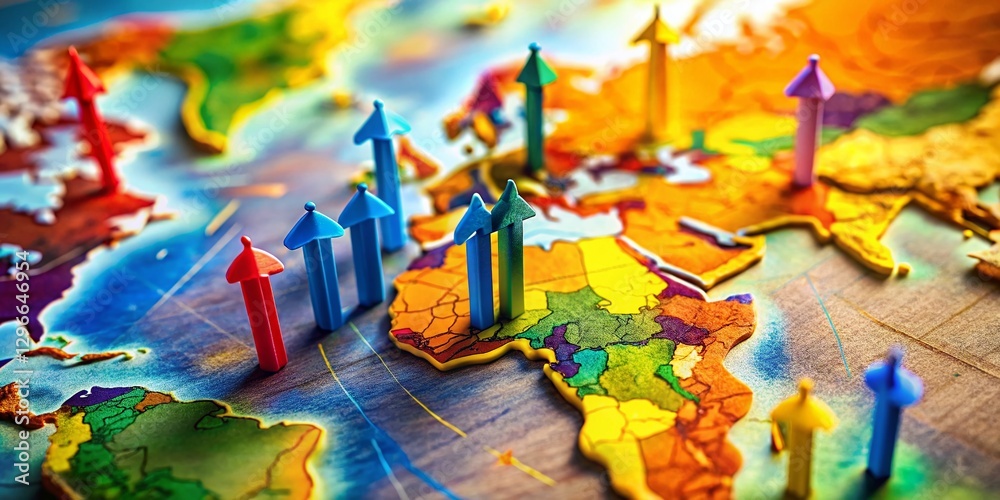 Naklejka premium Miniature World Map with Arrows & Charts: Global Trade & Connections Tilt-Shift Stock Photo