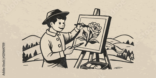 A person painting a picture monochrome image. Flat vector illustration.