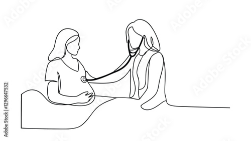 Continuous Line Drawing Doctor Examining Pregnant Patients Belly
