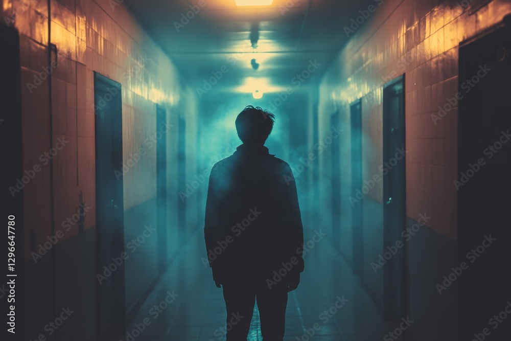 Fototapeta premium Mysterious silhouette of a person walking in a dimly lit corridor