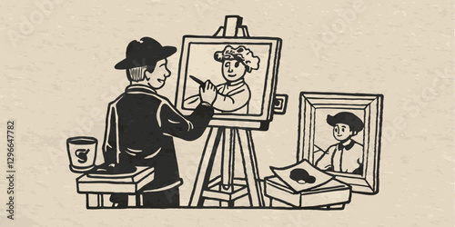 A person painting a picture monochrome image. Flat vector illustration.