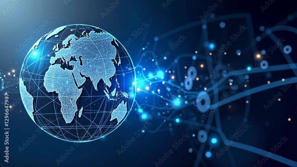 Blue globe with a network of lines surrounding it. The globe is surrounded by a blue background with a lot of dots