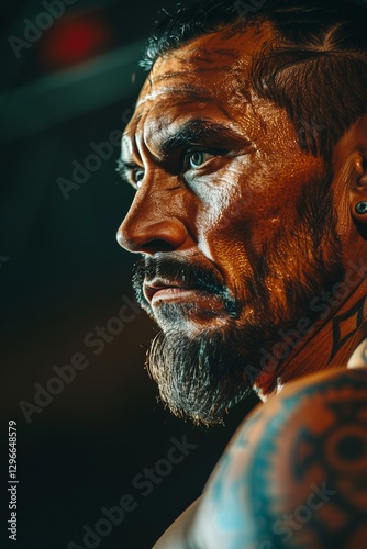 Intense portrait of a muscular man showcasing strength and determination.