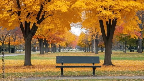 Park Bench Under Autumn Trees with Colorful Foliage in Fall Season